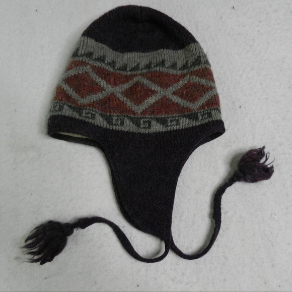 VINTAGE WigWam Wool Hat Beanie Purple Geometric Winter Aztec Fleece Lined - Picture 6 of 6